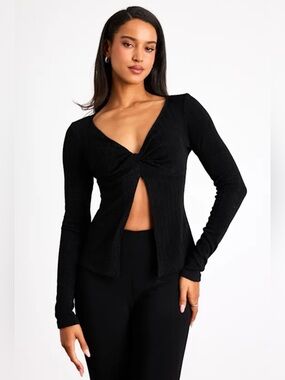 NWT Lulu's Black Ribbed Knit Twist-Front Long Sleeve Top - Large